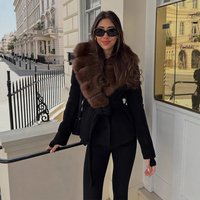 Clothing Faux Fur Coat Lapel Collar Fur Collar Faux Fur Coat Detachable Collar Elegant Belted Winter Jacket Black S M L