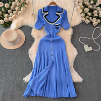Autumn And Winter Xiaoxiang Style Celebrity Lady Short-sleeved Contrast Embroidered Dress Collar Waistline Slimming Single-breasted A- Shaped Knitted