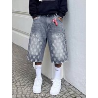 Men's Y2K Distressed Denim Shorts - Vintage Washed Jeans Shorts With SSSPatchwork & Letter Print