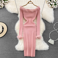 Women's Clothing Autumn and winter French retro temperament fur splicing one shoulder off shoulder slim fit hip wrapped bottoming knitted dress