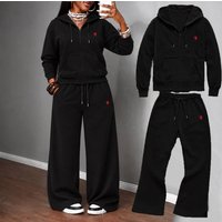 Women's Fleece Lined Hooded Top And Trousers Set European American Style Solid Color Warm Comfortable 2-Piece Autumn Winter Outfit
