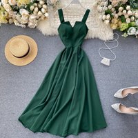 Clothing Design Sense Small Tricks V Neck Backless Retro Solid Waist Slimming Long Skirt Female Dress