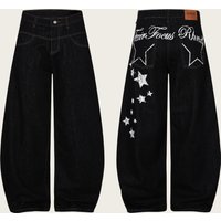 Unisex Vintage Washed Star-Print Jeans – High-Waisted Relaxed Fit, 60% Cotton, Distressed Hem, Y2K Streetwear Aesthetic (Black)