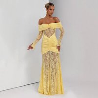 Women's Spring/Summer Sexy Elegant Strapless Bodycon Dress Semi Sheer Long Sleeved Lace Maxi Skirt