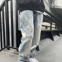 Clothing Street Hip Hop Retro Washed Old Ink Graffiti Ripped Straight Jeans