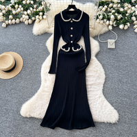 Elegant Knit Dress Chic Contrast Collar & High Waist Versatile Office & Casual Wear