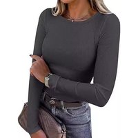 Women's Long Sleeve round Neck Ribbed T-Shirt Elastic Slim Fit Casual Basic Top European American Style