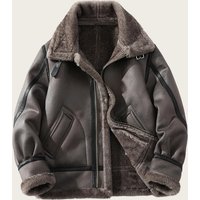  Fleece Lined Faux Shearling Jacket Slim Fit Windproof Bomber Notched Lapel 