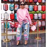 Trendy Rhinestone Embellished Distressed Jeans High Waist Straight Leg Denim Pants Printed Design Comfortable Stretch Fabric