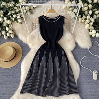 Sleeveless Round Neck Striped Knitted Dress Female Summer Waist Design Niche Fairy Mid length Skirt
