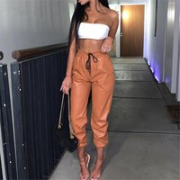 Women’s loose stretch PU leather pants with small feet elastic waist strap leather pants