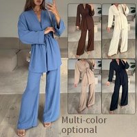 Elegant Long Sleeve Blouse & Trousers Set Comfortable Office Wear Stretchy Polyester Blend Spring & Autumn Outfit