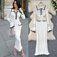 Clothing dress fashion contrast lapel long sleeves slim fit knitted skirt knee length skirt