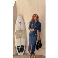 Women's Clothing Casual Multi Button Long Sleeved Denim Mid Length Dress