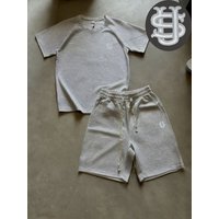 Heavyweight Sportswear Set US Inspired Casual T Shirt & Shorts Embroidered Logo Beige Short Sleeve Square Neck