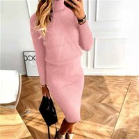 Women's Fashion Turtleneck Knit Solid Color Pullover Set Skirt