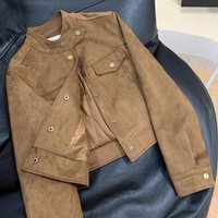 Women's Clothing Maillard coffee colored jacket velvet leather coat women's spring and autumn design niche small short motorcycle clothing top