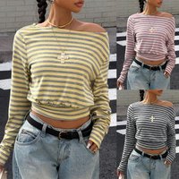 Women's Long Sleeved Top Striped Wide Round Neck Hot Girl Waist Cinching Style