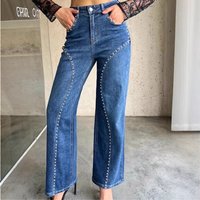High Waisted Stretch Wide Leg Jeans Relaxed Straight Leg Denim Pants
