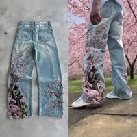 Men's Retro Heavy Duty Floral Embroidered Wide Leg Jeans Midweight Straight Pants High Street Fashion Trousers For Men And Women Hipop
