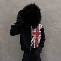 Y2K Anime Print Hoodie Fur Trim Oversized Streetwear Sweatshirt Retro Cartoon Pullover Pocket Casual Fashion