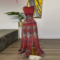 Sweet Printed Dress Round Neck High Waist Long Skirt Slit Spring Arrival