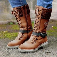 Shoes winter round head square heel leather buckle wool stitching Martin boots