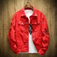 Denim Jacket Turn down Collar Ripped Holes Outwear Red White Pink Jean Jackets Autumn Winter Plus