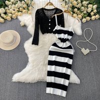 Women's Clothing V Neck Hollow Knitted Long Sleeved Sunscreen Cardigan Short Jacket Striped Temperament Suspender Dress Set