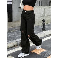 Clothing Fashion Ripped High Waist Wide Leg Pants Casual Denim Trousers Trendy