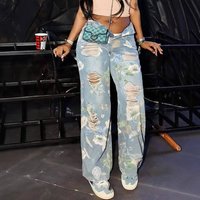 Clothing Spring Floral Graffiti Print Hole High Waist Loose Straight Jeans