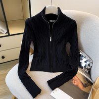 Chic Zip Front Knit Cardigan – Cropped Stand Collar Sweater Modern Layering Essential Effortless Style
