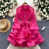 Clothing High End Heavy Diamond Ruffle Dress Spring Dress Tie Waist Temperament Lace Puffy Dress