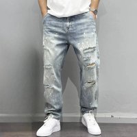 Streetwear Spray Paint Jeans Distressed Washed Denim Pants Graffiti Art Straight Leg High Waist Ripped Jeans 