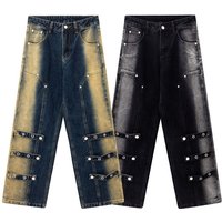 Clothing washed distressed sprayed monkey straps decorated jeans fashion brand loose wide leg trousers