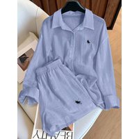 Embroidered Logo Shirt & Shorts Set Loose Fit Long Sleeve Resort Wear 11