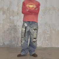 Distressed Straight Leg Jeans 3D Digital Print Ripped Wrinkled Dirty Street Style American Fit Casual Pants