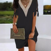 Clothing Summer Fashion Craft Cuffs Slit Bow Solid Neckline Lace Dress