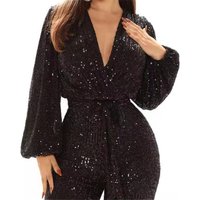 sequined jumpsuits sexy V neck wide leg trousers