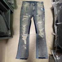 Men's Clothing Washed Old Damaged Holes Cat Whisker Embroidery Print Ink Splash Micro Flared Wide Leg Jeans Jeans