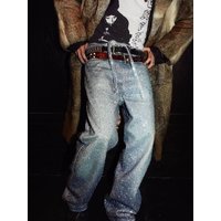 Clothing High Street Washed Loose Wide leg Full Diamond Patch Jeans Jeans Come Full Diamond Belt