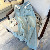 Real Shot Thin Design Style Cuff Letter Waist High Waist Loose Slim Denim Trousers Wide Leg Pants