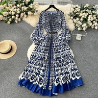 Clothing 2024 dress oversized skirt printed pleated waist tie up holiday leisure long skirt