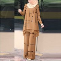 Muslim Daily Double layer Vertical Stripe Printed Chiffon Elastic Waist Suit