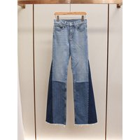 Fashionable Retro Patchwork Block Long High Waist Wide Leg Jeans Casual Versatile Denim Trousers