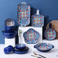 Baroque Style Ceramic Dinnerware Set – 16-Piece Handled Bowls & Plates For Rice & Soup