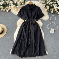 Women's Clothing Skirt Gentle Style Lapel Puff Sleeve Mid Length Shirt Dress Lace Up Slimming Hollow Design Dress