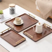 Ebony Rectangular Wooden Tray Golden Metal Handle Water Cup Fruit Food Bread Sundries Serving Tray Household Organizer