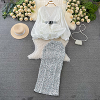 Women's fashion set female socialite temperament lantern long sleeve V-neck lotus leaf bright face shirt women's high waist sequin skirt
