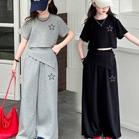 Korean Style Casual Summer Outfit Two Piece Set Short Sleeved Top Wide Leg Pants Stylish Medium Large Clothing